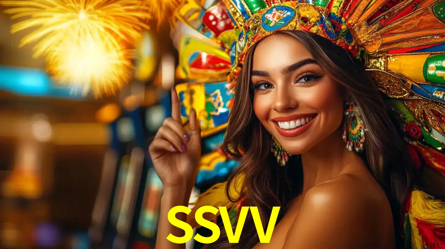 Mulher sorridente com um cocar de carnaval vibrante e colorido, celebrando uma grande vitória nos jogos do cassino SSVV com fogos de artifício ao fundo.