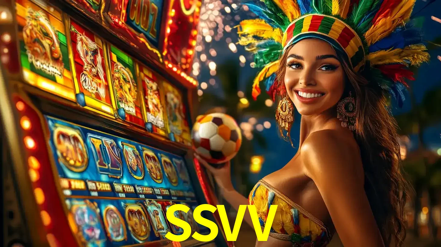 Mulher com um cocar de carnaval ao lado de uma máquina de caça-níqueis enquanto segura uma bola de futebol, mostrando a união da diversão de cassino e esportes no SSVV.
