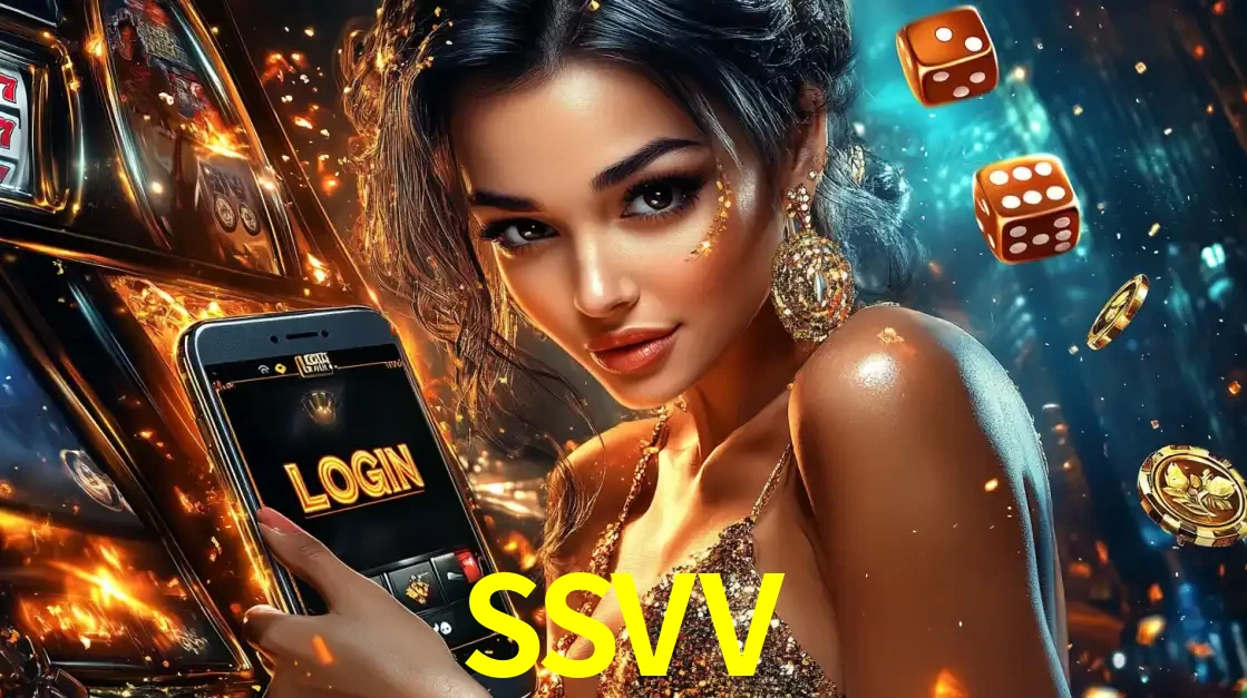 Mulher glamourosa segurando um celular com a tela de login do cassino SSVV, rodeada por dados e moedas douradas, pronta para começar a diversão.
