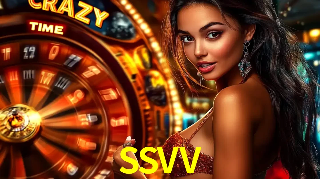 Mulher ao lado da roda de prêmios do jogo de cassino ao vivo Crazy Time, um dos shows de jogos mais emocionantes oferecidos pela plataforma de apostas SSVV.