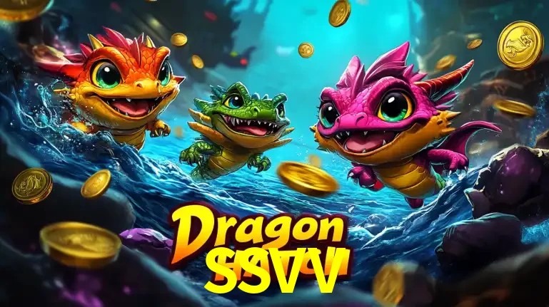 Arte promocional do jogo Dragon Hatch com três adoráveis dragões bebês nadando entre moedas de ouro, um dos slots mais divertidos para jogar no cassino SSVV.