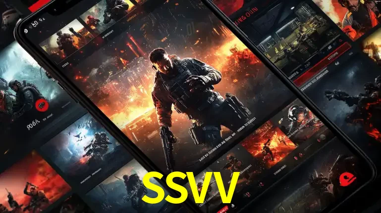 Tela de um celular exibindo uma galeria de jogos de tiro com temática militar, mostrando a variedade de e-sports disponíveis para apostas na plataforma de entretenimento SSVV.