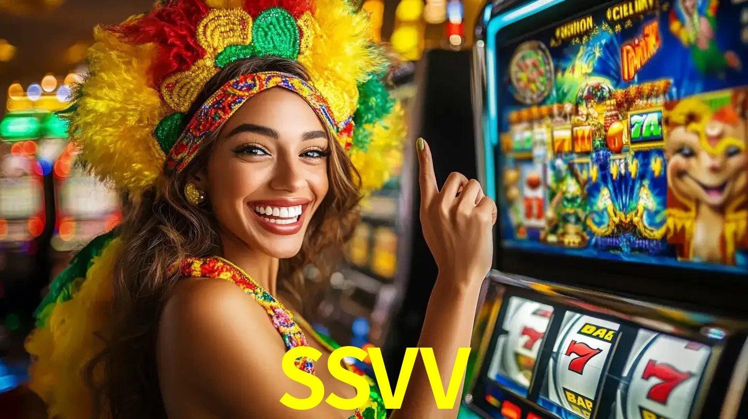 Mulher animada com um cocar de carnaval apontando para uma máquina de caça-níqueis, mostrando a emoção de ganhar um grande prêmio nos jogos do SSVV.