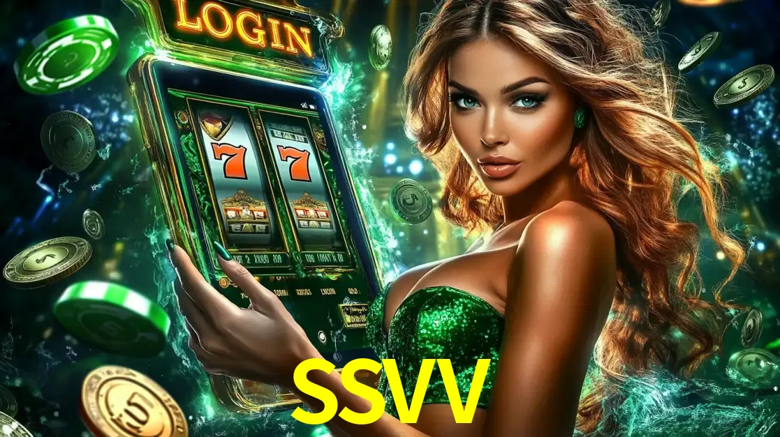 Mulher com tema verde apresentando o aplicativo do cassino SSVV com um jogo de slot de 777, cercada por fichas de cassino e uma aura de sorte.