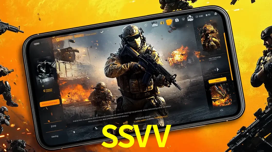 Um smartphone exibindo a interface de um jogo de tiro em primeira pessoa, com um soldado em um cenário de batalha, representando a ação dos e-sports para apostar no SSVV.