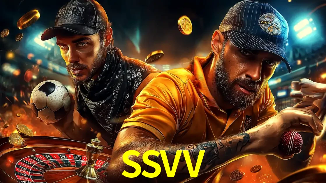 Montagem de apostas esportivas e cassino no SSVV, com um homem segurando uma bola de futebol e outro uma de beisebol sobre uma roleta e moedas voadoras.