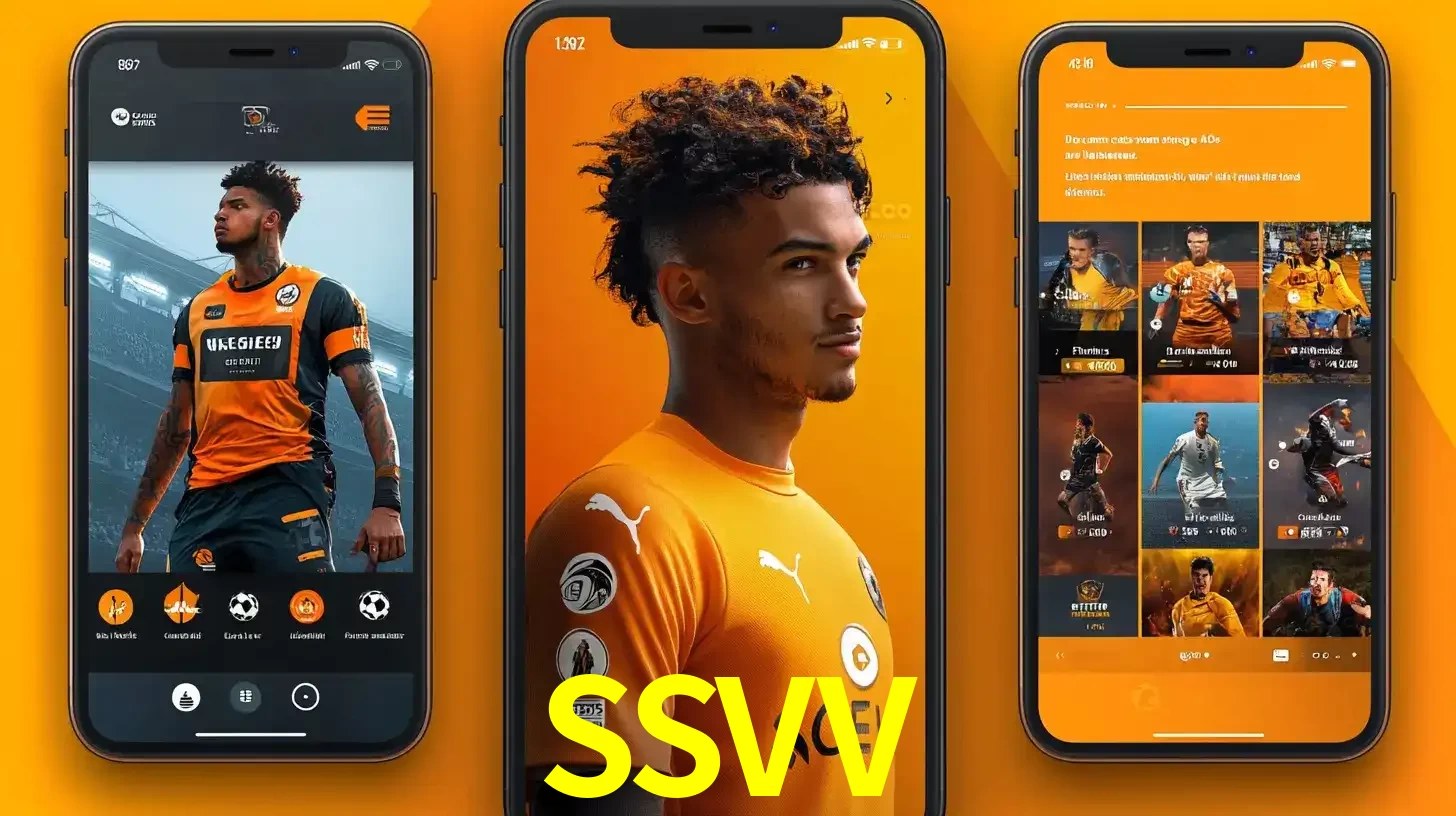 Interface do aplicativo de apostas esportivas SSVV em três telas de celular, mostrando o perfil de um jogador de futebol e a lista de jogos disponíveis para apostar.