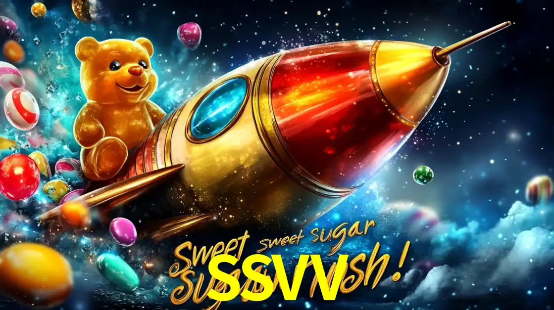 Arte promocional do jogo de slot Sugar Rush, com um urso de pelúcia em um foguete viajando pelo espaço de doces, um dos jogos divertidos disponíveis no cassino SSVV.