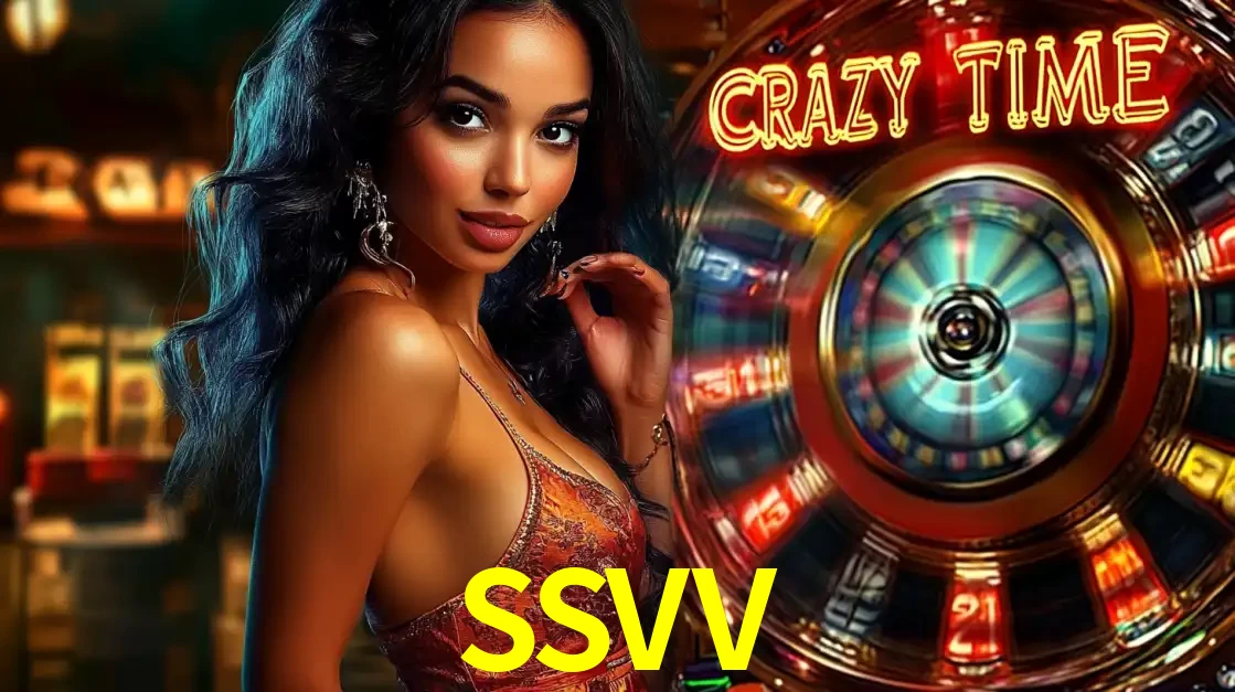 Mulher elegante ao lado da vibrante roda da fortuna do jogo de cassino ao vivo Crazy Time, um dos game shows mais populares e cheios de prêmios do SSVV.