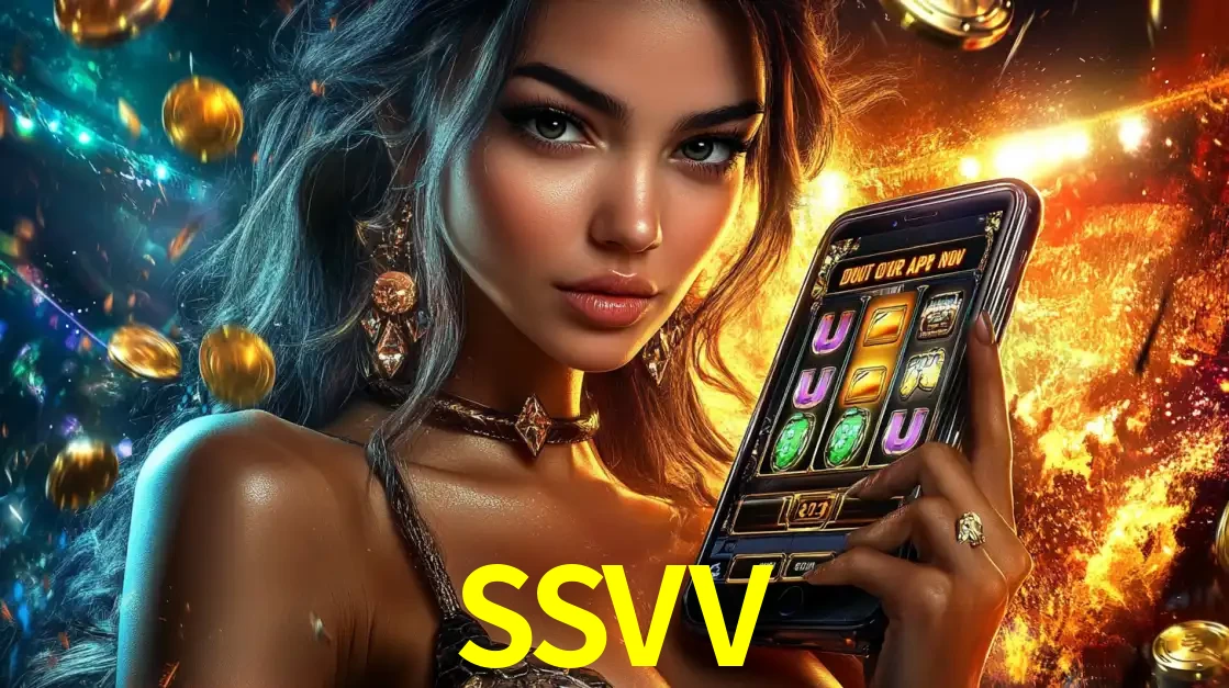 Mulher elegante mostrando um jogo de caça-níqueis em seu smartphone, destacando a experiência de cassino móvel oferecida pelo aplicativo SSVV.