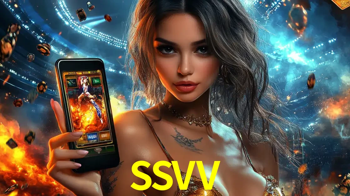 Mulher segurando um celular com um jogo de slot em destaque, tendo como fundo um estádio vibrante, simbolizando a emoção de jogar no cassino móvel SSVV.